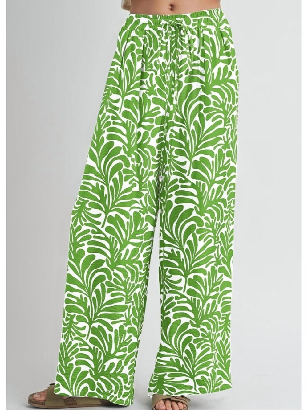 Wide Leg Drawstring Pants - Green Leaf Print